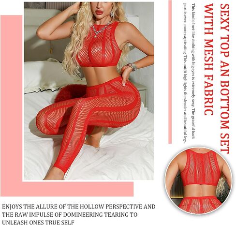 FRENZCOY Womens Fishnet Lingerie Set for Women Sexy Two Piece Lingerie Set Stripper Outfit Crop Top and Long Set in Kuwait