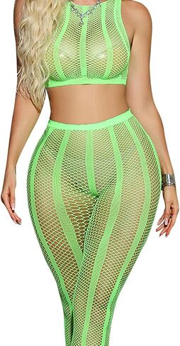 FRENZCOY Womens Fishnet Lingerie Set for Women Sexy Two Piece Lingerie Set Stripper Outfit Crop Top and Long Set in Kuwait