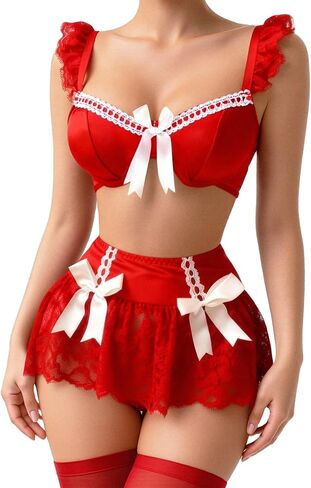 FEOYA Women's 4 Pack Lingerie Set Bow Tie Underwire Lingerie with Thong Stocking Mini Skirt in Kuwait