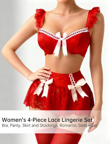 FEOYA Women's 4 Pack Lingerie Set Bow Tie Underwire Lingerie with Thong Stocking Mini Skirt in Kuwait