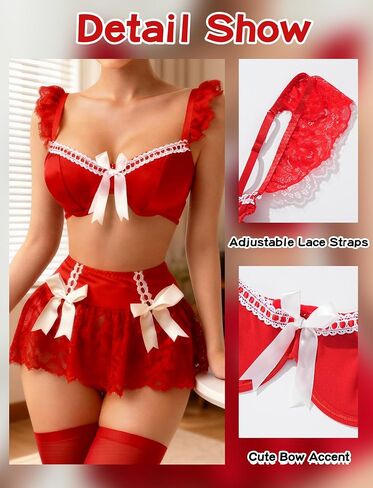 FEOYA Women's 4 Pack Lingerie Set Bow Tie Underwire Lingerie with Thong Stocking Mini Skirt in Kuwait
