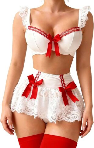 FEOYA Women's 4 Pack Lingerie Set Bow Tie Underwire Lingerie with Thong Stocking Mini Skirt in Kuwait