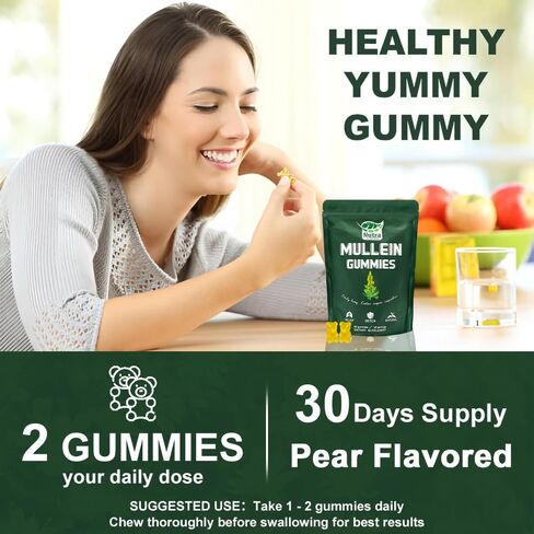 Mullein Gummies, 2000mg Mullein Leaf Extract (50:1) per Serving, Lung & Respiratory Support, Vegan Pear Flavor, 60/120 Count (2) in Saudi Arabia