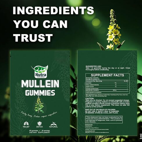 Mullein Gummies, 2000mg Mullein Leaf Extract (50:1) per Serving, Lung & Respiratory Support, Vegan Pear Flavor, 60/120 Count (2) in Saudi Arabia