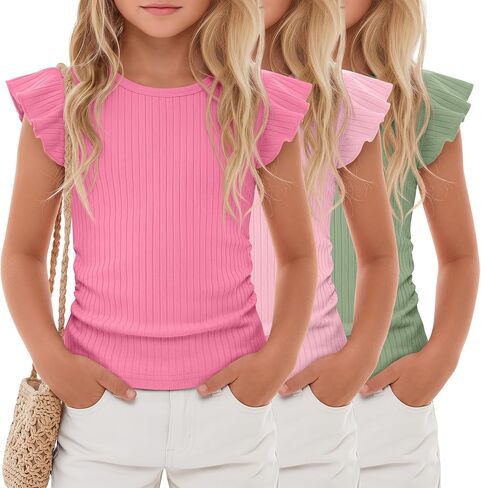 3 Pack Girls' Ruffle Sleeve T Shirt Ribbed Short Sleeve Tops Side Ruched Crew Neck Tank Tops Kids' Sleeveless Tees in Saudi Arabia