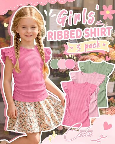 3 Pack Girls' Ruffle Sleeve T Shirt Ribbed Short Sleeve Tops Side Ruched Crew Neck Tank Tops Kids' Sleeveless Tees in Saudi Arabia