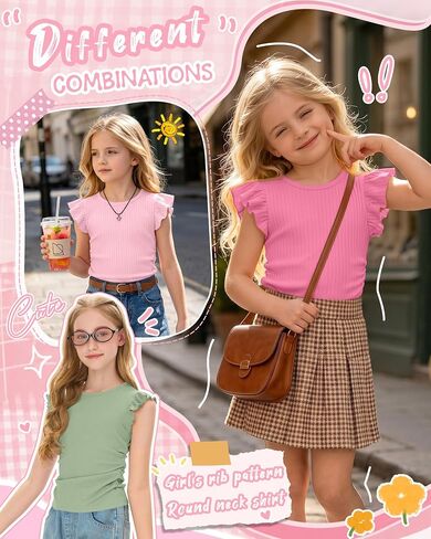 3 Pack Girls' Ruffle Sleeve T Shirt Ribbed Short Sleeve Tops Side Ruched Crew Neck Tank Tops Kids' Sleeveless Tees in Saudi Arabia