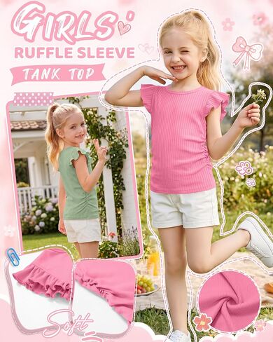 3 Pack Girls' Ruffle Sleeve T Shirt Ribbed Short Sleeve Tops Side Ruched Crew Neck Tank Tops Kids' Sleeveless Tees in Saudi Arabia
