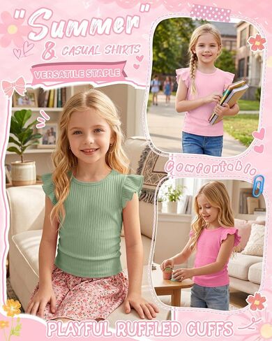 3 Pack Girls' Ruffle Sleeve T Shirt Ribbed Short Sleeve Tops Side Ruched Crew Neck Tank Tops Kids' Sleeveless Tees in Saudi Arabia