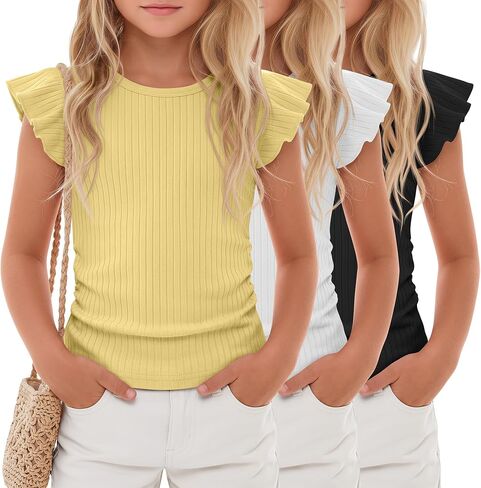 3 Pack Girls' Ruffle Sleeve T Shirt Ribbed Short Sleeve Tops Side Ruched Crew Neck Tank Tops Kids' Sleeveless Tees in Saudi Arabia