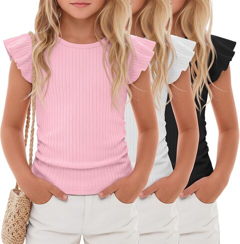 3 Pack Girls' Ruffle Sleeve T Shirt Ribbed Short Sleeve Tops Side Ruched Crew Neck Tank Tops Kids' Sleeveless Tees in Saudi Arabia