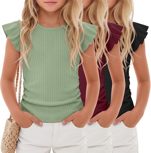3 Pack Girls' Ruffle Sleeve T Shirt Ribbed Short Sleeve Tops Side Ruched Crew Neck Tank Tops Kids' Sleeveless Tees in Saudi Arabia