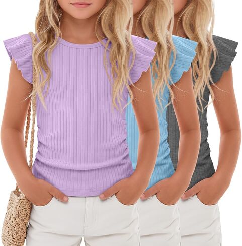 3 Pack Girls' Ruffle Sleeve T Shirt Ribbed Short Sleeve Tops Side Ruched Crew Neck Tank Tops Kids' Sleeveless Tees in Saudi Arabia