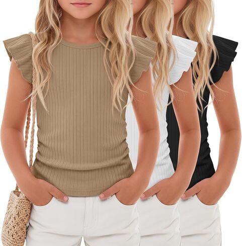 3 Pack Girls' Ruffle Sleeve T Shirt Ribbed Short Sleeve Tops Side Ruched Crew Neck Tank Tops Kids' Sleeveless Tees in Saudi Arabia