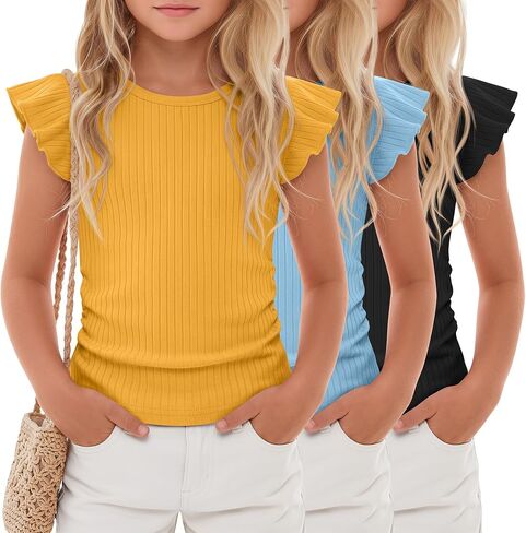 3 Pack Girls' Ruffle Sleeve T Shirt Ribbed Short Sleeve Tops Side Ruched Crew Neck Tank Tops Kids' Sleeveless Tees in Saudi Arabia