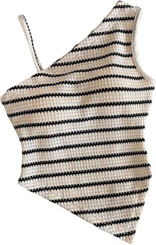 MakeMeChic Teen Girl's Striped Asymmetrical Neck Crop Tops Sleeveless Knit Fitted Top in Kuwait