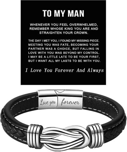 To My Man Infinity Leather Bracelet, Love You Forever and Always Stainless Steel Bracelets Husband Bracelet from Wife Valentine Birthday Christmas Fathers Gifts for Him in Saudi Arabia