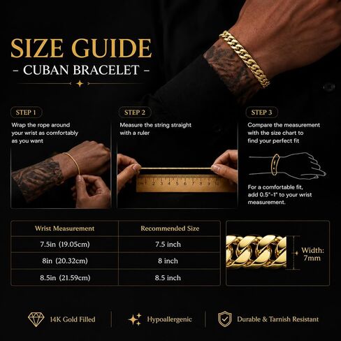 YOIHUR 14K Gold Cuban Hand Chain Bracelet, 7mm Cuban Bracelets for Men,Hypoallergenic Curb Link Chain Bracelet, Ideal Jewelry Gift for Festival, for Boyfriend, Husband & Father(7.5/8/8.5in) in Saudi Arabia