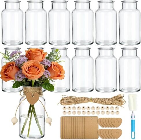TBWIND Vintage Glass Flower Vase, 12PCS Farmhouse Mason Jar Vases for Centerpiece Clear Bud Vases in Bulk with DIY Accessories for Wedding Party Table Decorations Home Decor in Saudi Arabia