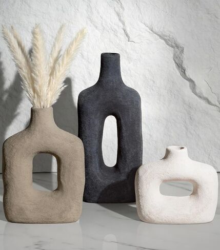 DREAMLOOM Ceramic Vase Set of 3, Modern Rustic Flower Vases for Pampas Grass, Dried & Fresh Flowers, Farmhouse Decorative Vase for Living Room Bedroom Kitchen Shelf Centerpiece, Black in Saudi Arabia
