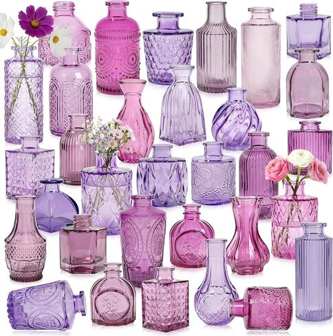 Colored Glass Vases Bulk 32 Pcs - Assorted Vintage Bud Vases for Wedding Centerpieces, Rustic Embossed Glass Bottles for Table Decor, Home Floral Arrangements with Gold Series (2-6 Inch) in Kuwait