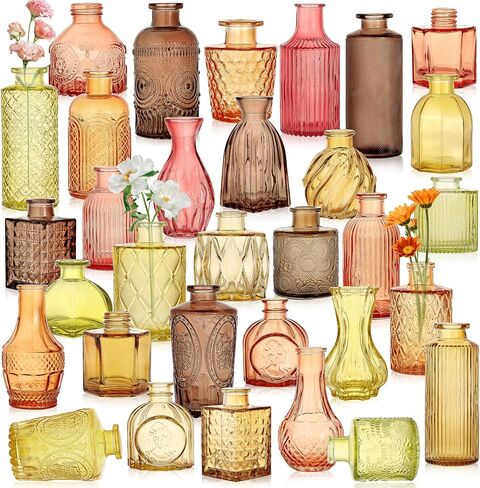 Colored Glass Vases Bulk 32 Pcs - Assorted Vintage Bud Vases for Wedding Centerpieces, Rustic Embossed Glass Bottles for Table Decor, Home Floral Arrangements with Gold Series (2-6 Inch) in Kuwait