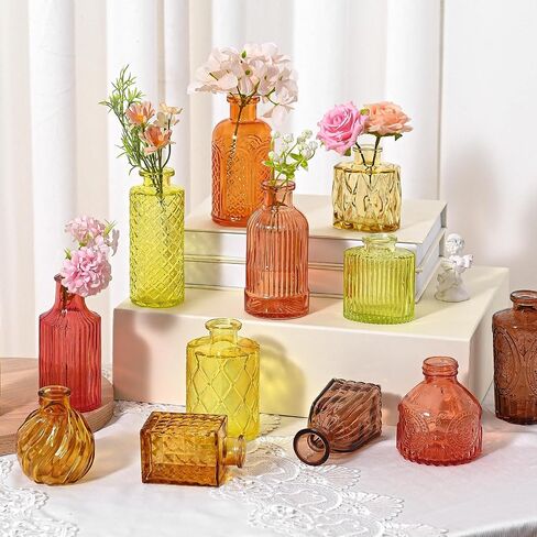 Colored Glass Vases Bulk 32 Pcs - Assorted Vintage Bud Vases for Wedding Centerpieces, Rustic Embossed Glass Bottles for Table Decor, Home Floral Arrangements with Gold Series (2-6 Inch) in Kuwait