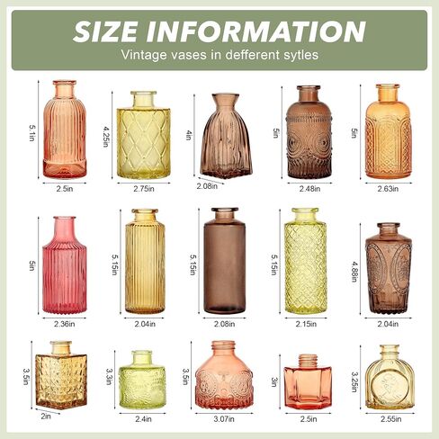 Colored Glass Vases Bulk 32 Pcs - Assorted Vintage Bud Vases for Wedding Centerpieces, Rustic Embossed Glass Bottles for Table Decor, Home Floral Arrangements with Gold Series (2-6 Inch) in Kuwait