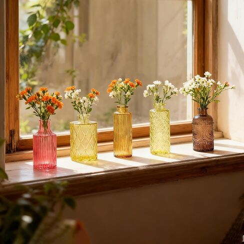 Colored Glass Vases Bulk 32 Pcs - Assorted Vintage Bud Vases for Wedding Centerpieces, Rustic Embossed Glass Bottles for Table Decor, Home Floral Arrangements with Gold Series (2-6 Inch) in Kuwait