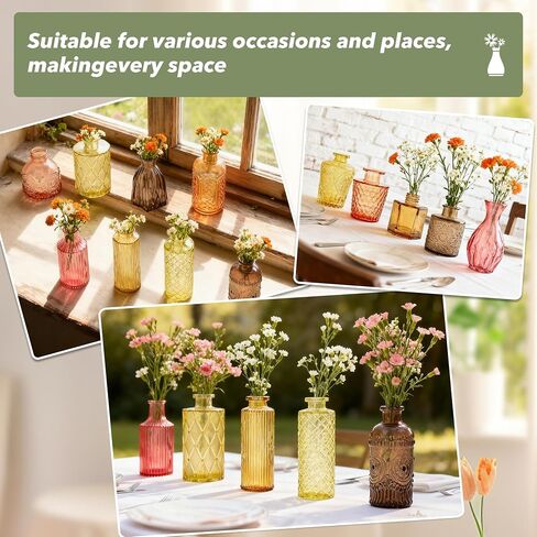 Colored Glass Vases Bulk 32 Pcs - Assorted Vintage Bud Vases for Wedding Centerpieces, Rustic Embossed Glass Bottles for Table Decor, Home Floral Arrangements with Gold Series (2-6 Inch) in Kuwait