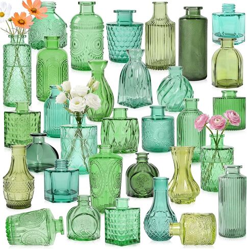 Colored Glass Vases Bulk 32 Pcs - Assorted Vintage Bud Vases for Wedding Centerpieces, Rustic Embossed Glass Bottles for Table Decor, Home Floral Arrangements with Gold Series (2-6 Inch) in Kuwait