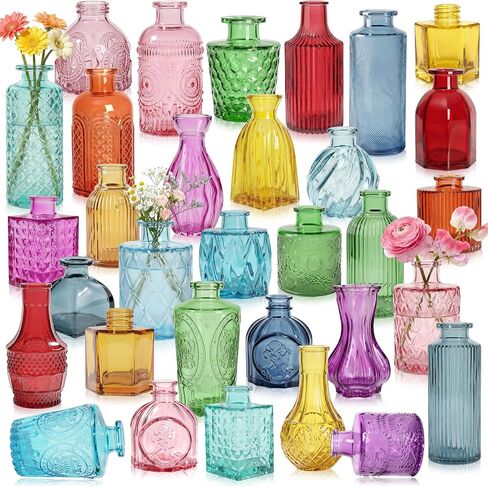 Colored Glass Vases Bulk 32 Pcs - Assorted Vintage Bud Vases for Wedding Centerpieces, Rustic Embossed Glass Bottles for Table Decor, Home Floral Arrangements with Gold Series (2-6 Inch) in Kuwait