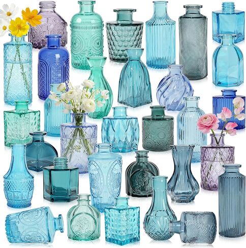 Colored Glass Vases Bulk 32 Pcs - Assorted Vintage Bud Vases for Wedding Centerpieces, Rustic Embossed Glass Bottles for Table Decor, Home Floral Arrangements with Gold Series (2-6 Inch) in Kuwait