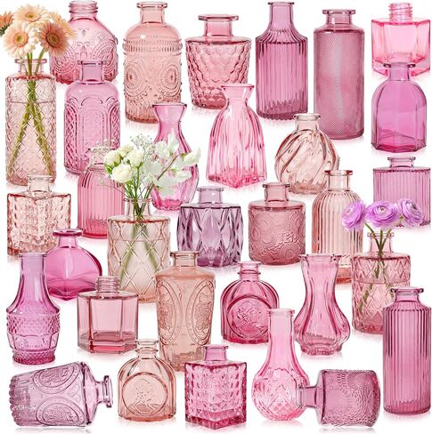 Colored Glass Vases Bulk 32 Pcs - Assorted Vintage Bud Vases for Wedding Centerpieces, Rustic Embossed Glass Bottles for Table Decor, Home Floral Arrangements with Gold Series (2-6 Inch) in Kuwait