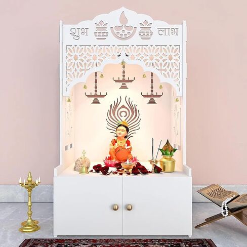 Intricate Jali Wooden Floor Temple with Spacious Shelf inbuilt Focus Light White in Saudi Arabia