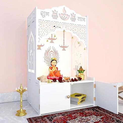 Intricate Jali Wooden Floor Temple with Spacious Shelf inbuilt Focus Light White in Saudi Arabia