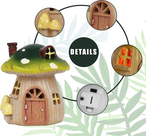 Miniature Fairy Garden Mushroom House – Resin Fairy House Statue with LED Light, Cute Mushroom Decor for Patio, Tiny Home Terrarium or Outdoor Yard Decor - Miniature Figurines and Garden Accessories in Kuwait