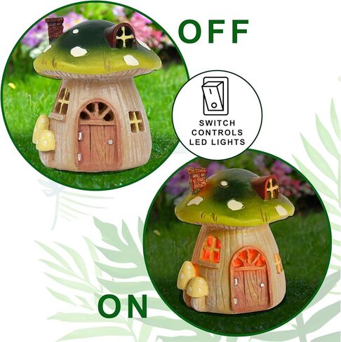 Miniature Fairy Garden Mushroom House – Resin Fairy House Statue with LED Light, Cute Mushroom Decor for Patio, Tiny Home Terrarium or Outdoor Yard Decor - Miniature Figurines and Garden Accessories in Kuwait