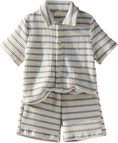 VIPWOLF Boy's Outfits 2 Piece Summer Vacation Sets Striped Button Down Shirts and Knit Shorts Clothing Sets in Kuwait
