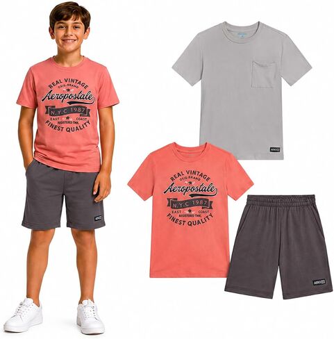 AEROPOSTALE Boys Athletic Shorts Set - 3 Piece Performance Short Sleeve Graphic Boys T Shirts & Fleece Shorts (Size: 8-12) in Saudi Arabia