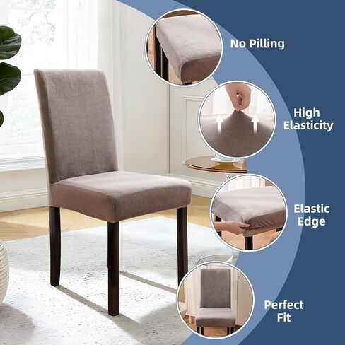 100% Waterproof Chair Covers for Dining Room Set of 4, Soft Thick Velvet Stretch Parson Chair Slipcovers for Kitchen Chairs, Removable Washable Chair Protector, Taupe in Kuwait