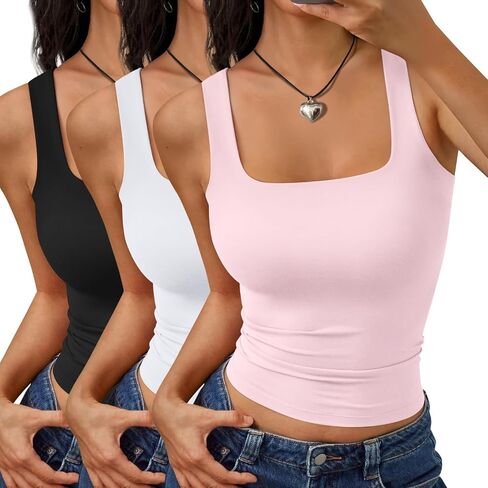 Trendy Queen 3 Pack Womens Double Lined Square Neck Tank Tops for Summer Going Out in Kuwait