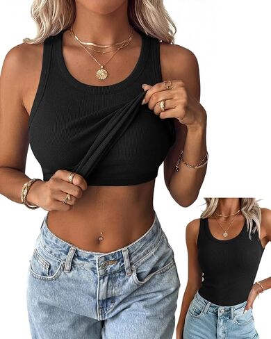 Zeagoo Tank Tops with Built in Bra for Women Sleeveless Crewneck Racerback Ribbed Fitted Tops Basic Summer Clothing 2026 in Kuwait