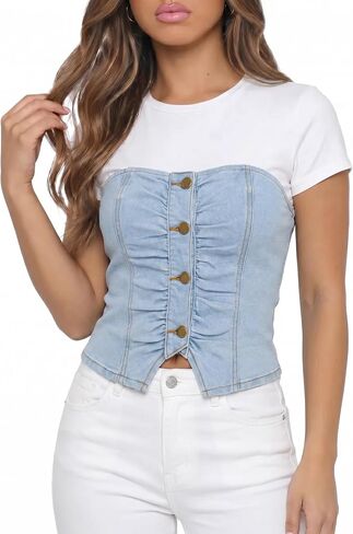 CIDER Denim Tube Tops for Women Going Out Button Down Crop Jean Top Trendy Summer Cowgirl Concert Outfits Y2K Fashion in Kuwait