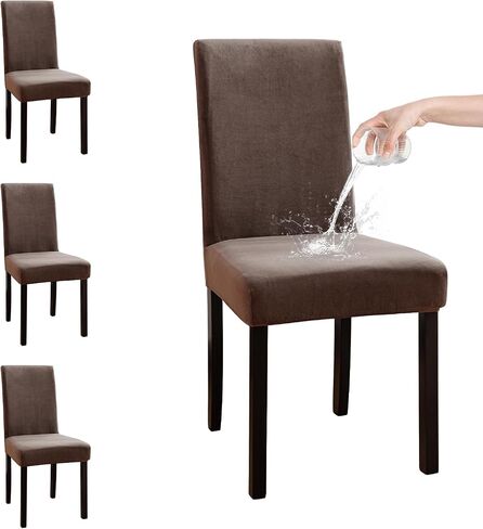 100% Waterproof Chair Covers for Dining Room Set of 4, Soft Thick Velvet Stretch Parson Chair Slipcovers for Kitchen Chairs, Removable Washable Chair Protector, Taupe in Kuwait