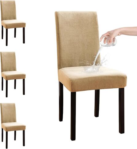 100% Waterproof Chair Covers for Dining Room Set of 4, Soft Thick Velvet Stretch Parson Chair Slipcovers for Kitchen Chairs, Removable Washable Chair Protector, Taupe in Kuwait
