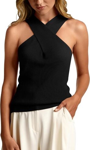 MOHHOM Women's Halter Neck Crossover Sleeveless Ribbed Knit Tank Top Slim Fit Casual Summer Basic Top in Kuwait