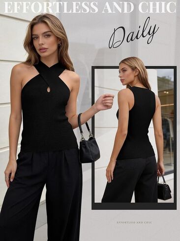 MOHHOM Women's Halter Neck Crossover Sleeveless Ribbed Knit Tank Top Slim Fit Casual Summer Basic Top in Kuwait