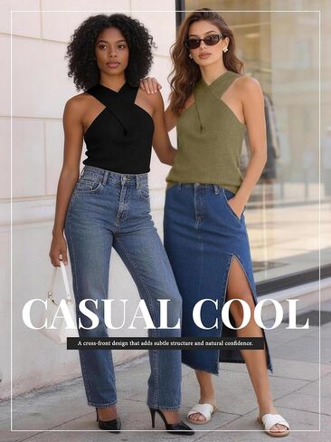 MOHHOM Women's Halter Neck Crossover Sleeveless Ribbed Knit Tank Top Slim Fit Casual Summer Basic Top in Kuwait