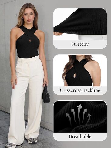 MOHHOM Women's Halter Neck Crossover Sleeveless Ribbed Knit Tank Top Slim Fit Casual Summer Basic Top in Kuwait